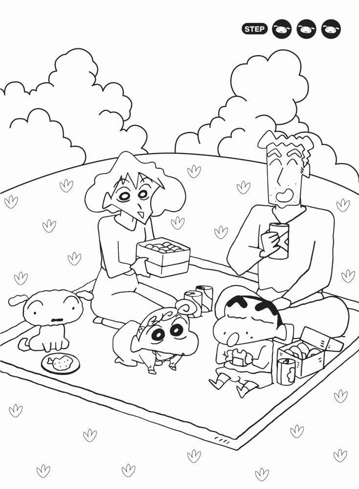 Tranh tô màu Shin cậu bé bút chì đi picnic cùng gia đình