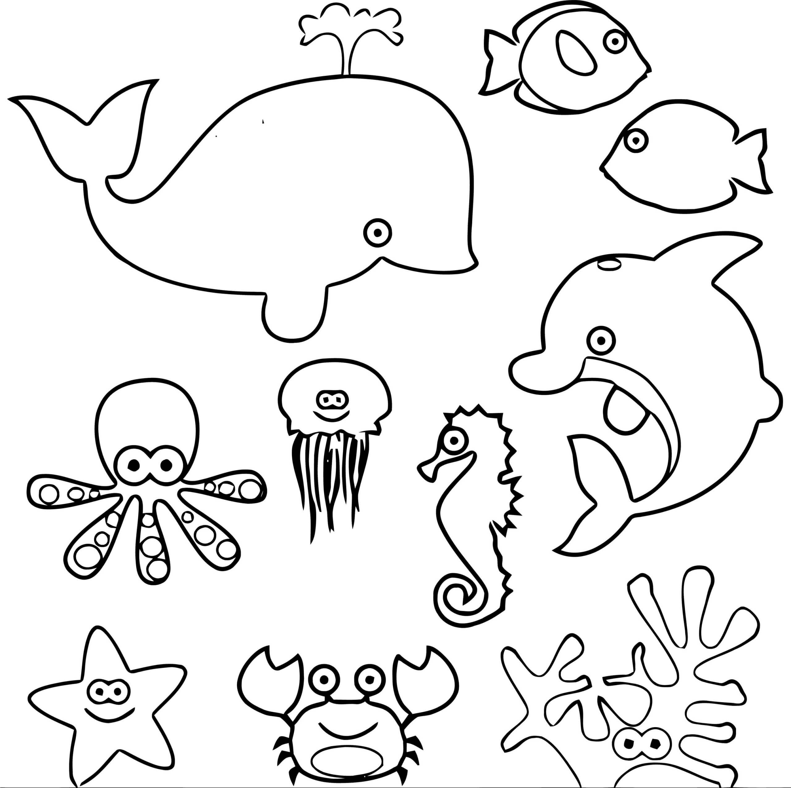 Hình tô màu động vật sống dưới nước đơn giản dễ thương
