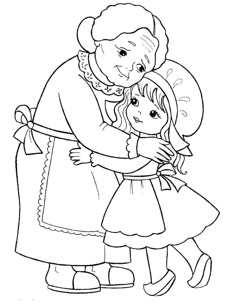 Tranh tô màu bà ôm cháu gái