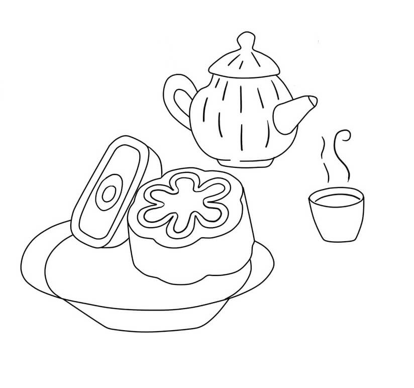 Tranh tô màu bánh trung thu và tách trà