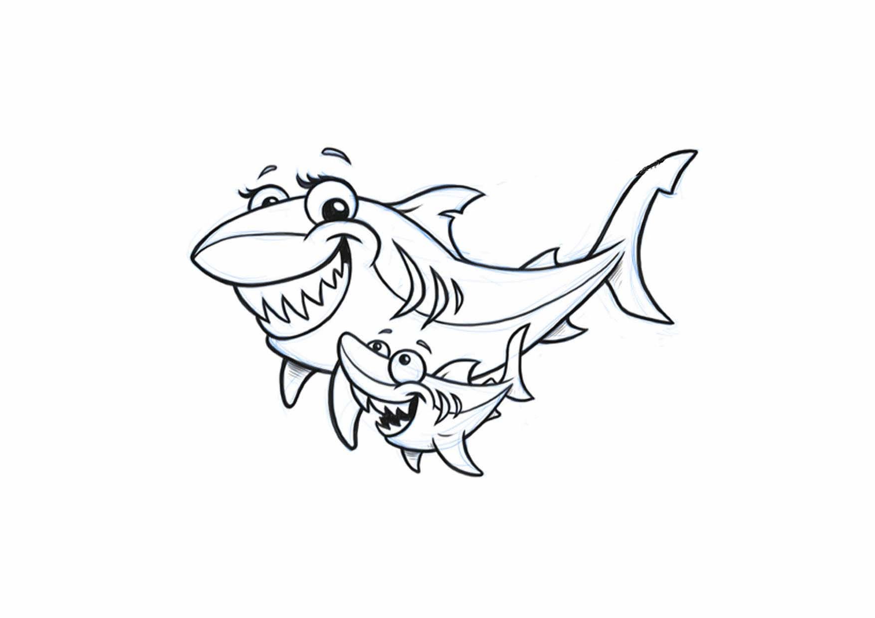 Tranh tô màu cá mập mẹ và cá mập con