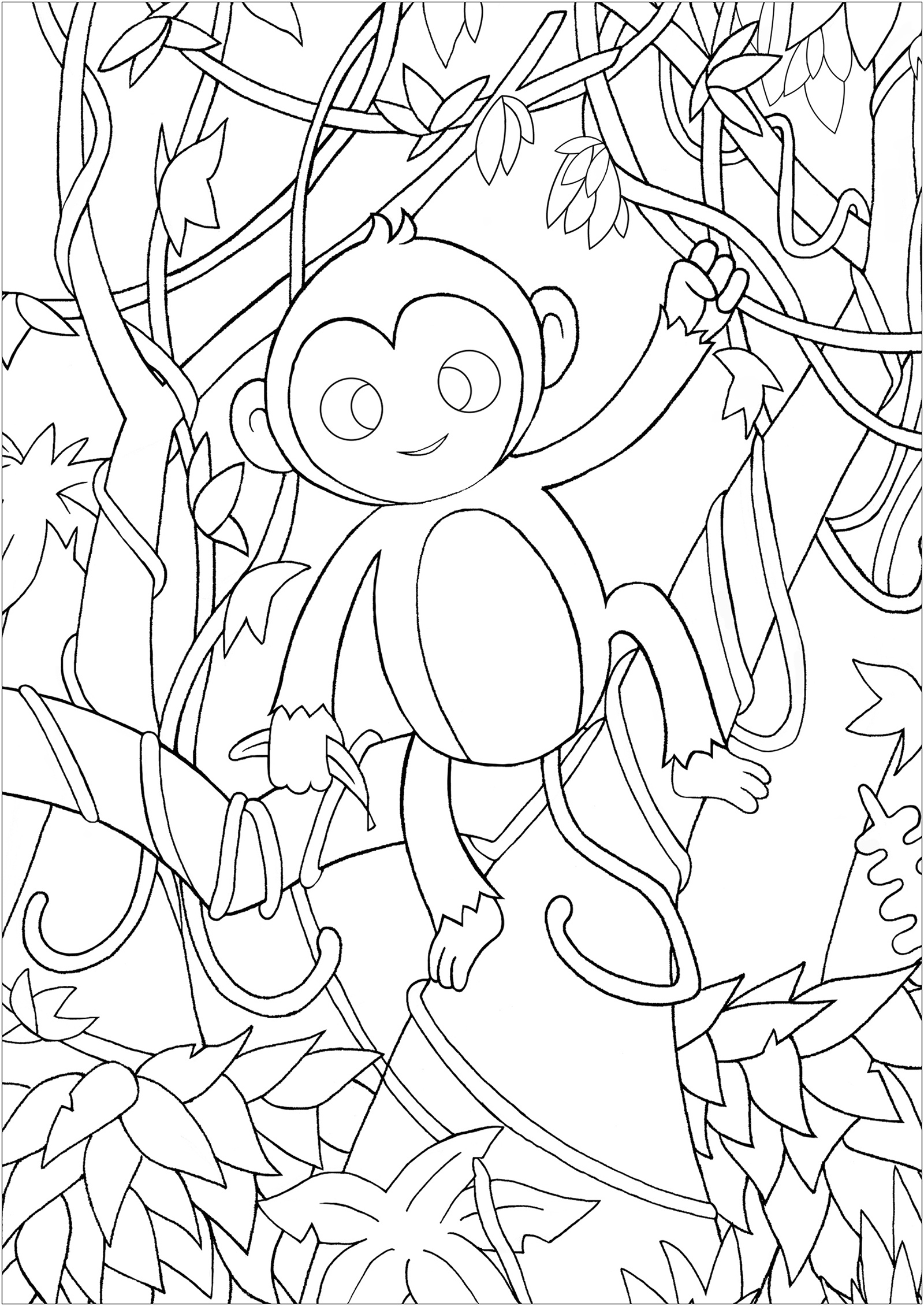 Tranh tô màu con khỉ trong rừng cây