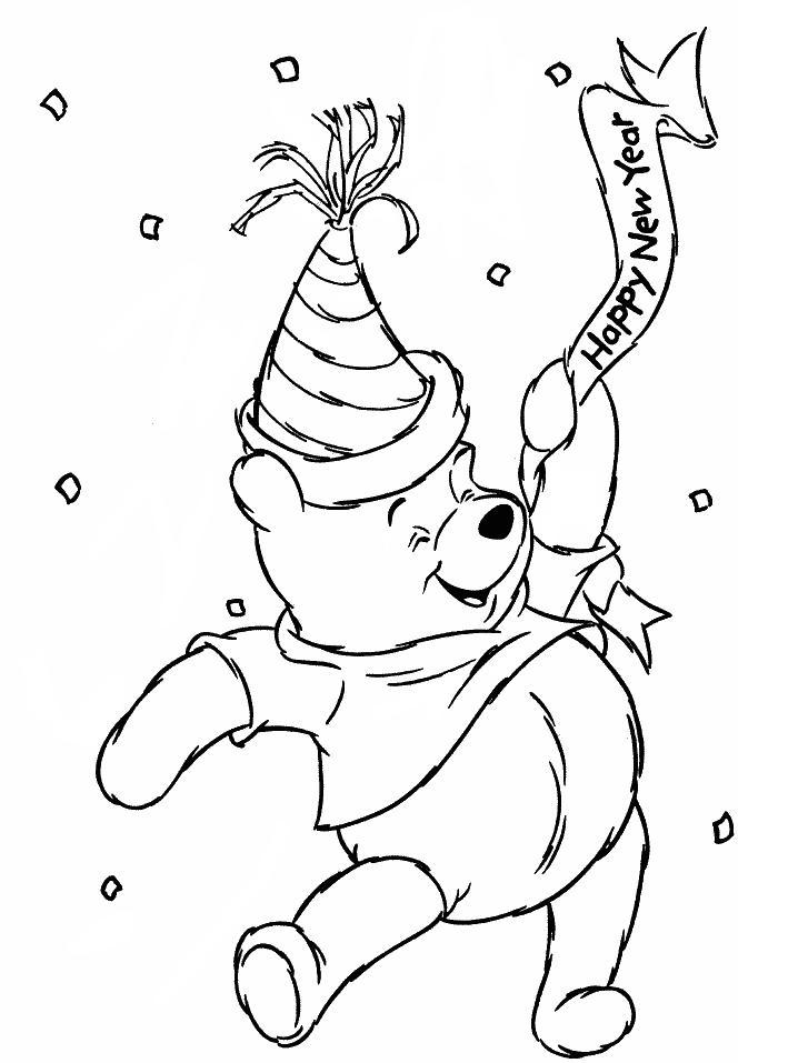 Tranh tô màu gấu Pooh chúc mừng năm mới