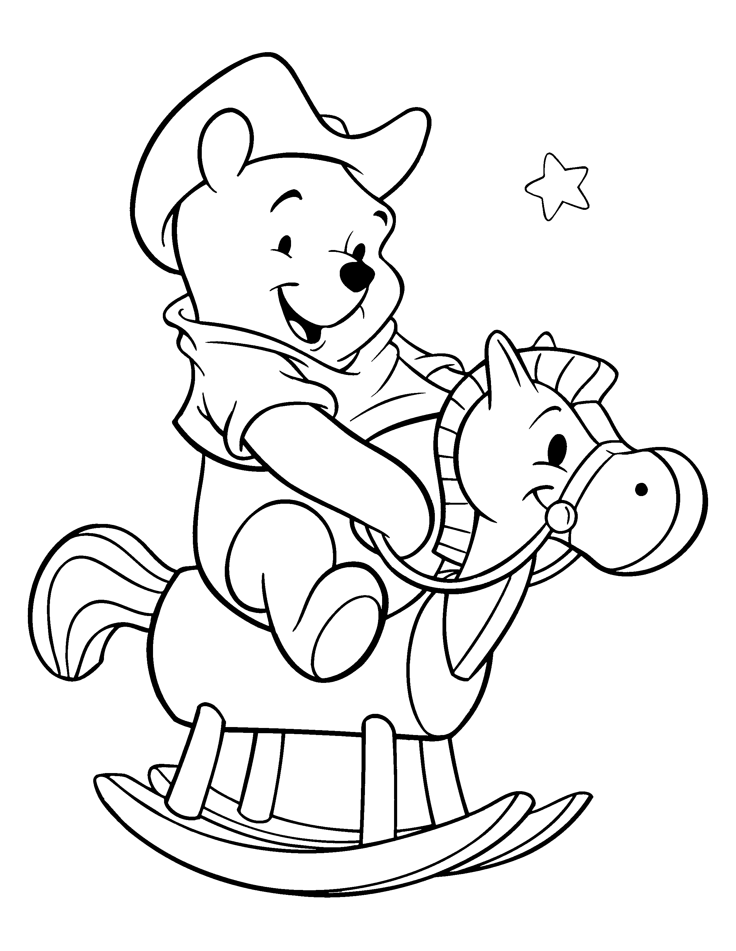 Tranh tô màu gấu Pooh cưỡi ngựa gỗ