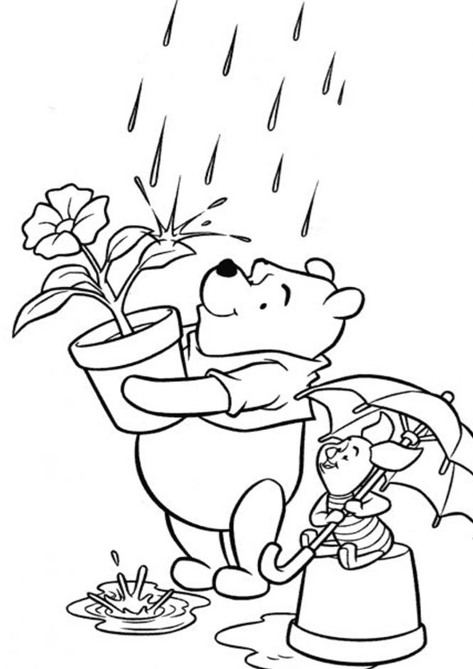 Tranh tô màu gấu Pooh hứng nước mưa