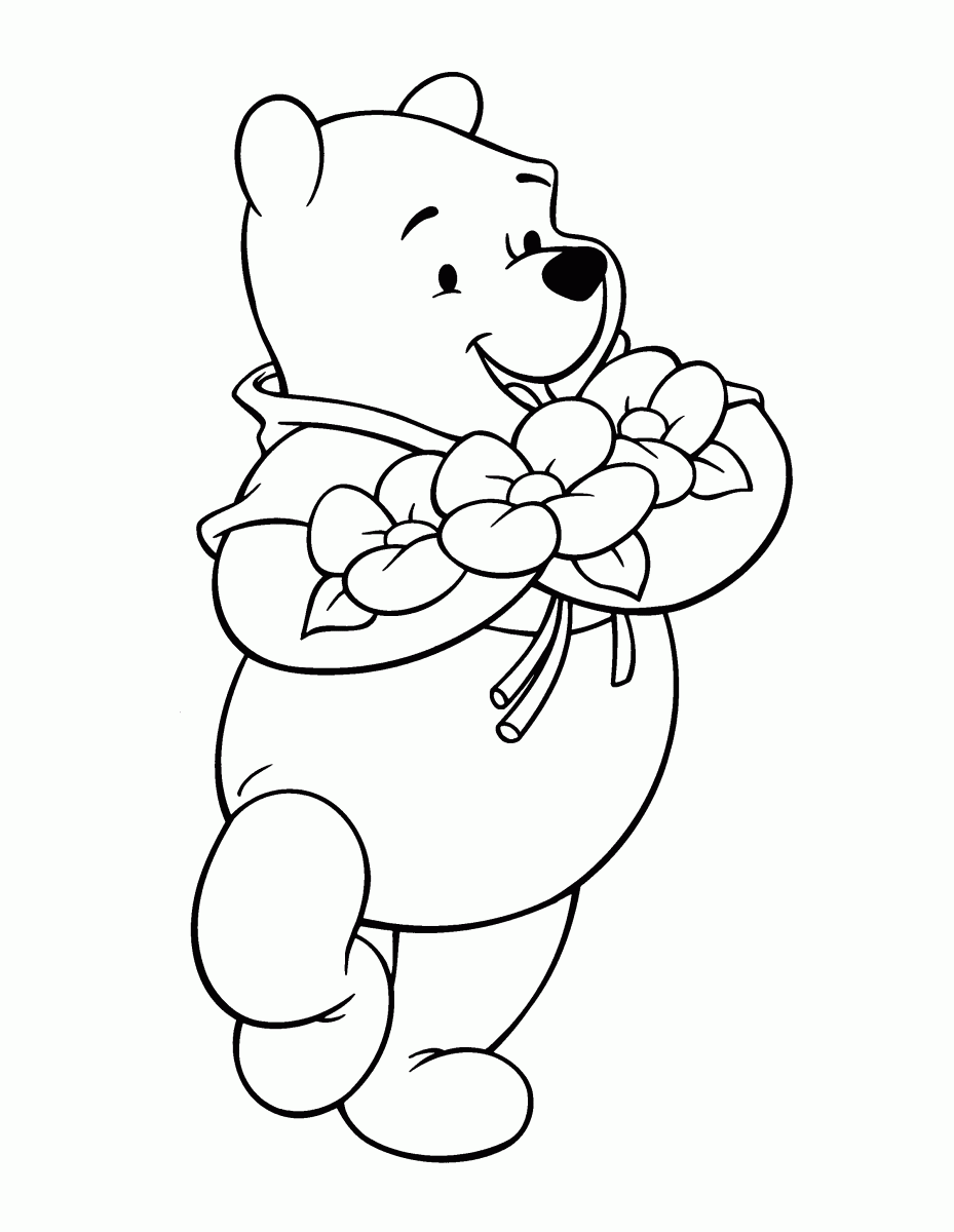 Tranh tô màu gấu Pooh ôm những bông hoa