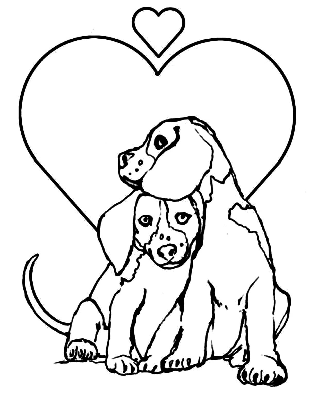 Tranh tô màu hai chú chó và hình trái tim