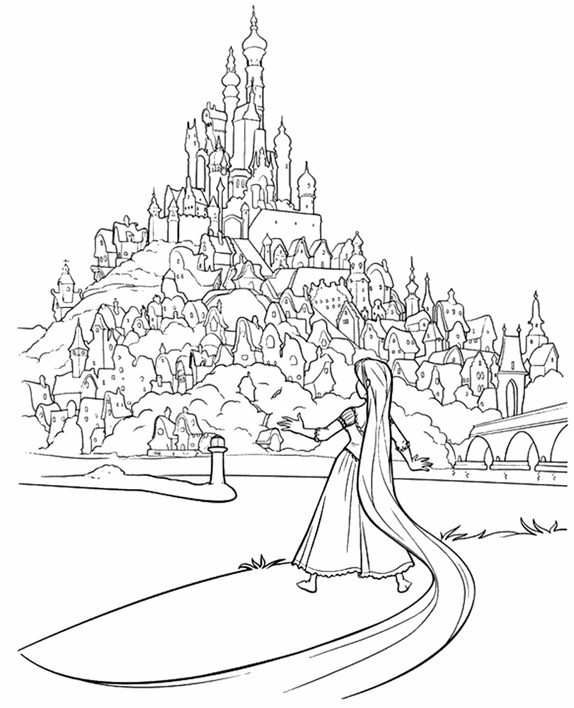 Tranh tô màu lâu đài công chúa tóc mây Rapunzel