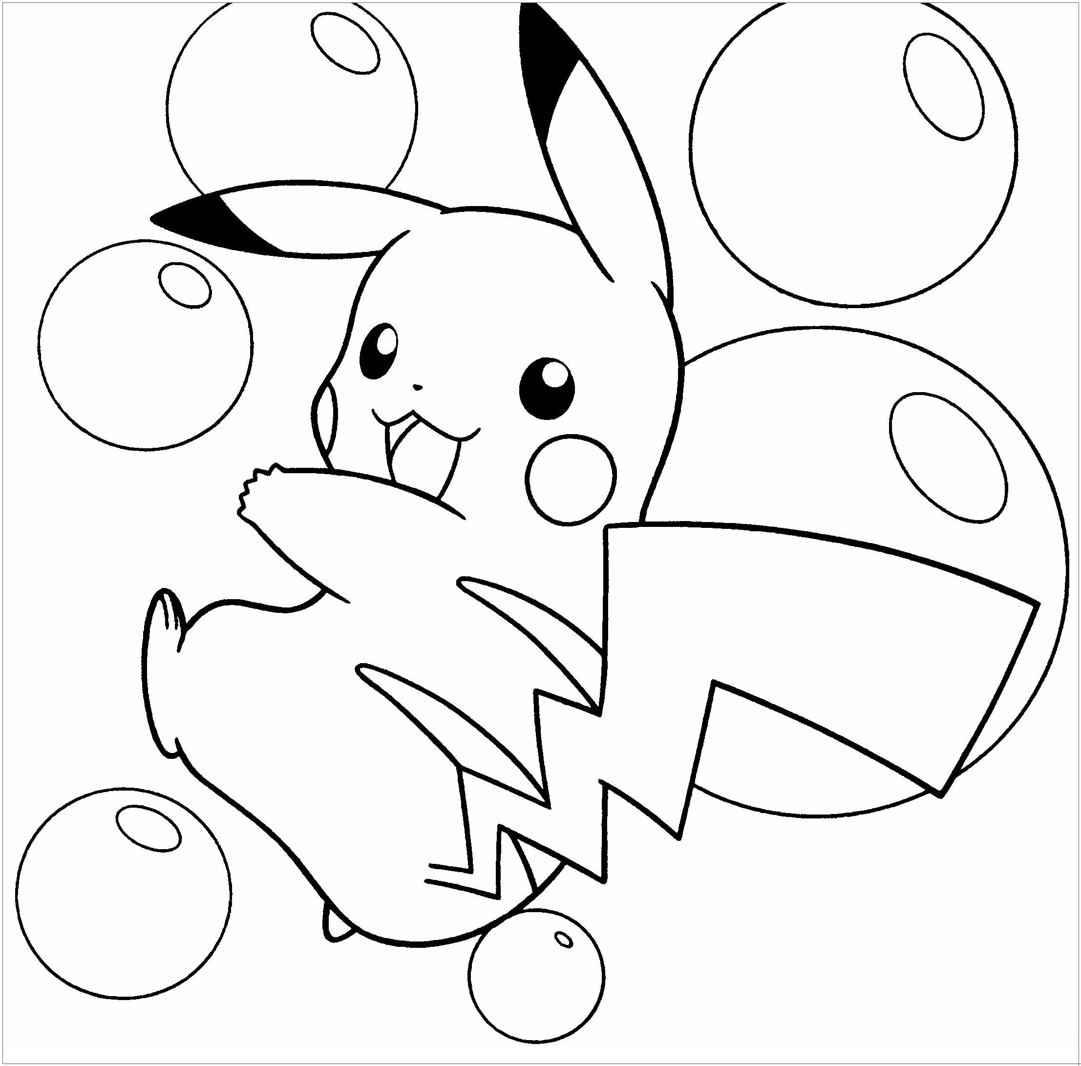 Tranh tô màu Pikachu chơi với bong bóng