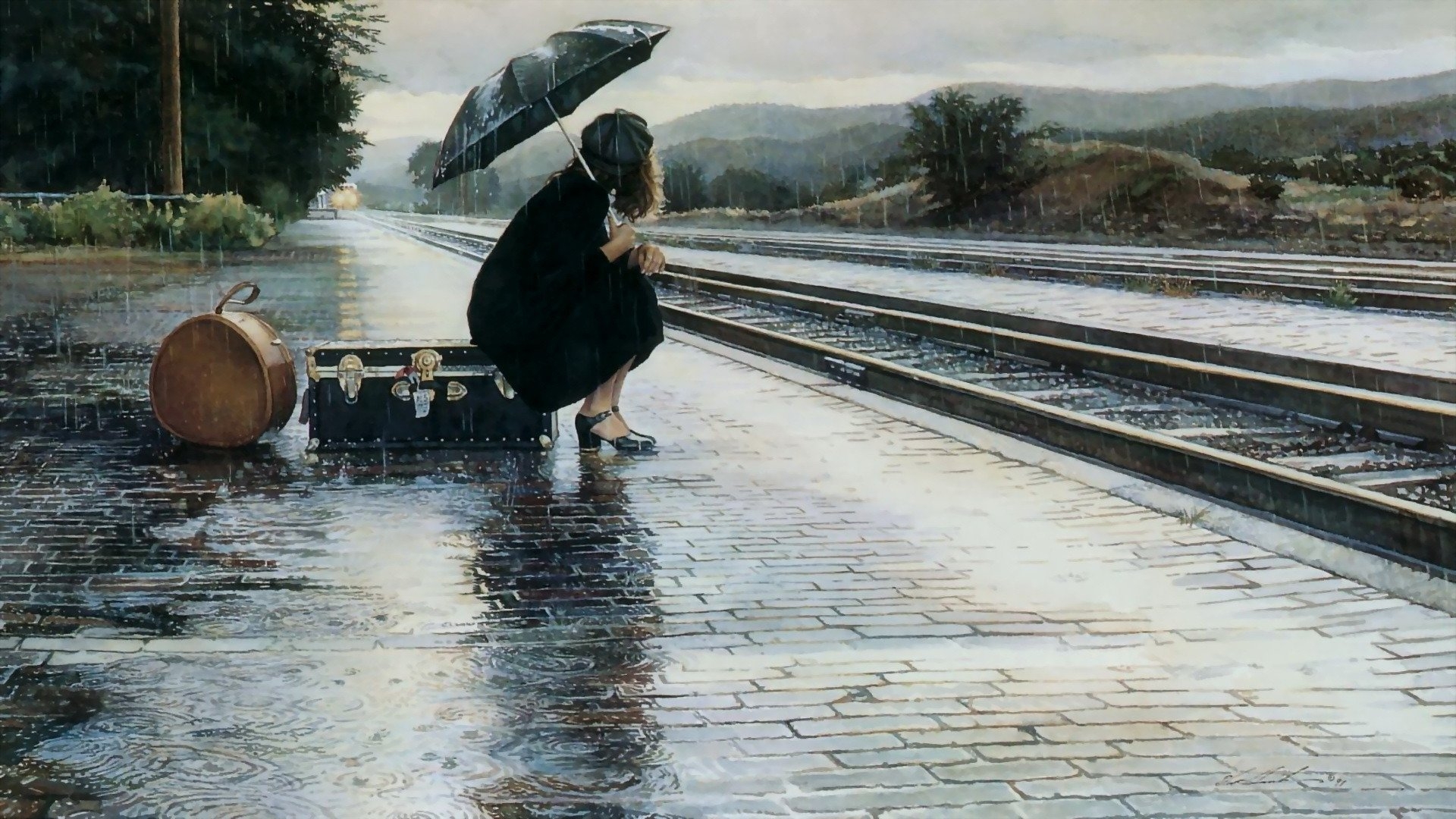 Hình ảnh cô gái chờ tàu dưới trời mưa