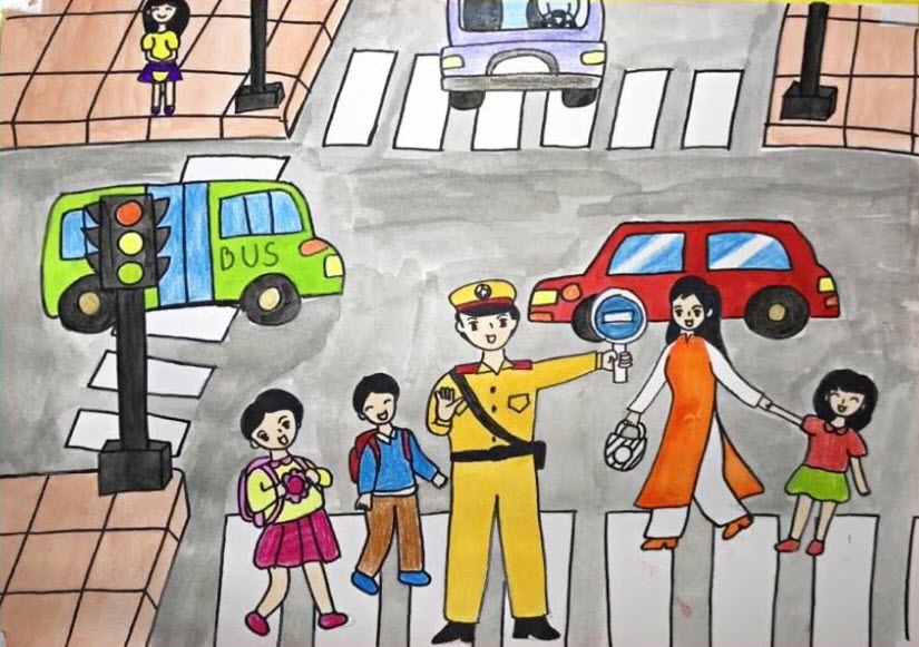 Tranh vẽ cô giáo và bé tham gia an toàn giao thông