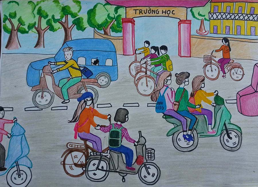Tranh vẽ học sinh với an toàn giao thông